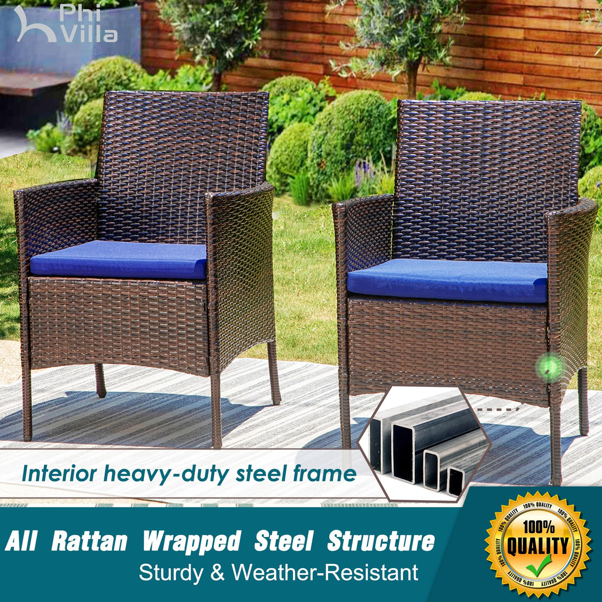 PHI VILLA 5 Piece Outdoor Dining Set with Umbrella for 4, Round Metal Steel Dining Table & Wicker Chairs with Cushions & Blue Umbrella, Modern Furniture for Patio, Deck, Yard, Porch PHI VILLA