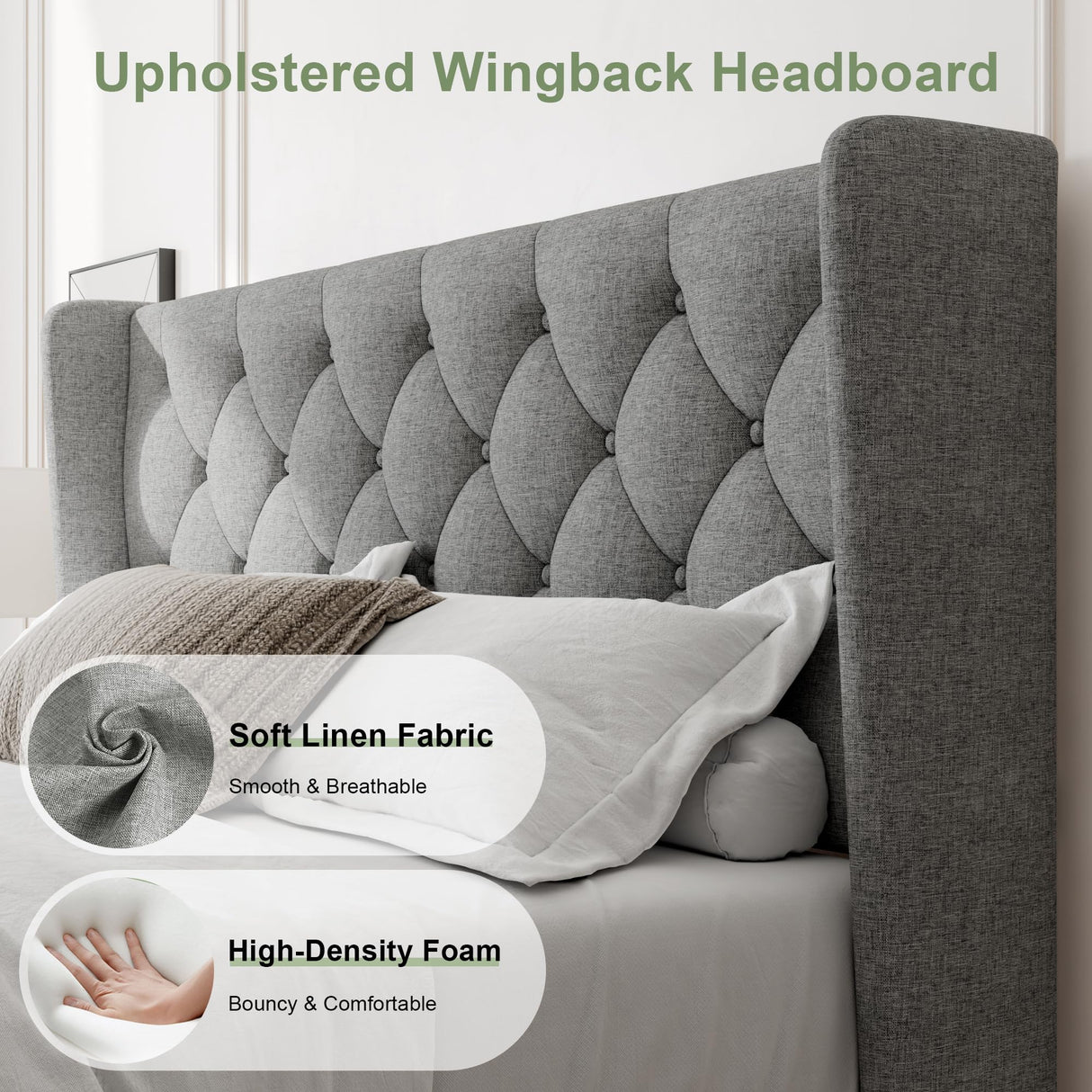 Feonase Queen Bed Frame with Upholstered Wingback Headboard, Platform Bed and Heavy Duty Wooden Slats Support, Easy Assembly, Noise-Free, No Box Spring Needed, Light Gray Feonase