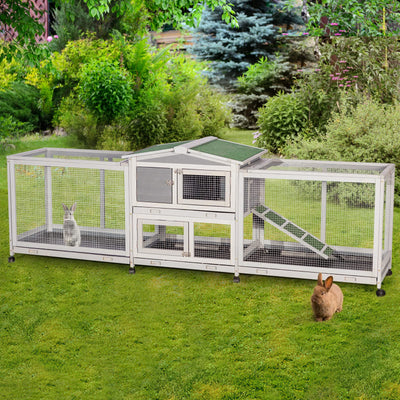 Esright 94.5'' Rabbit Hutch with 8 Wheels, Bunny Cage Two Run Rabbit Cage Outdoor Wooden Bunny Hutch Small Animal House with Removable Tray & Anti-Slip Ramp