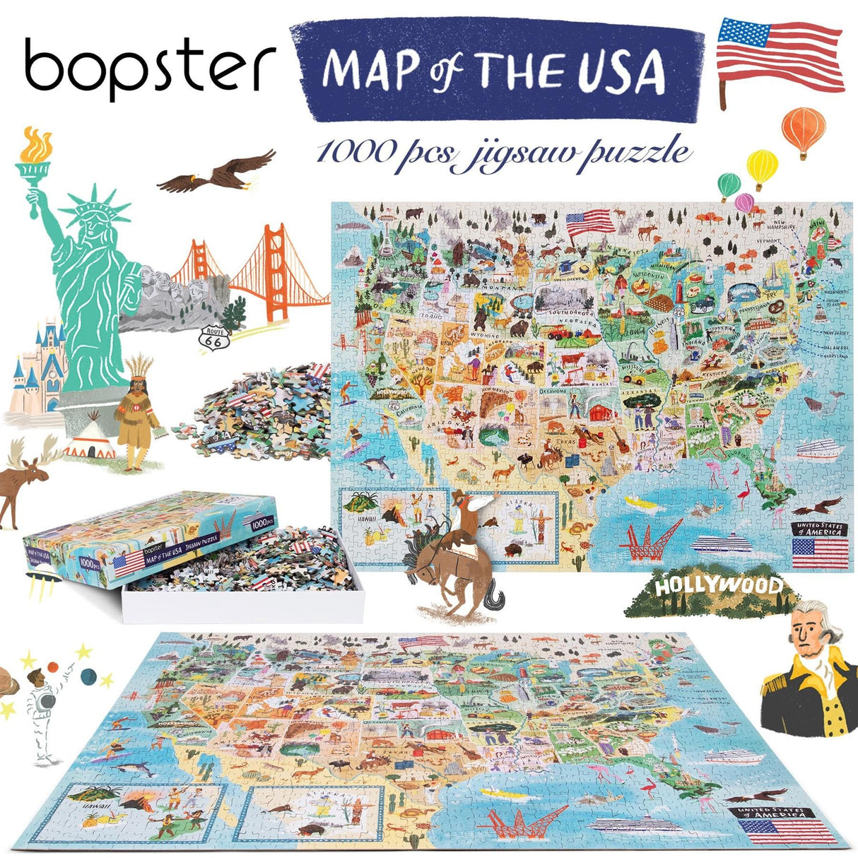 Puzzles for Adults 1000 Pieces - Illustrated US Map Puzzle - United States USA 1000 Piece Puzzle for Adults and Kids Puzzles - 100% Recycled Cardboard by bopster Bopster