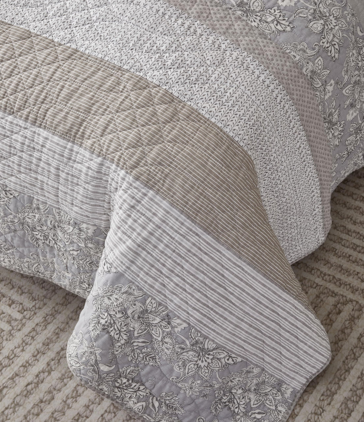 Chezmoi Collection Robyn 3-Piece Neutral Taupe Gray White Floral Hibiscus Flower Patchwork Striped Quilt Set - Pre-Washed Cotton Coverlet - Lightweight Reversible Bedspread, King Size Chezmoi Collection