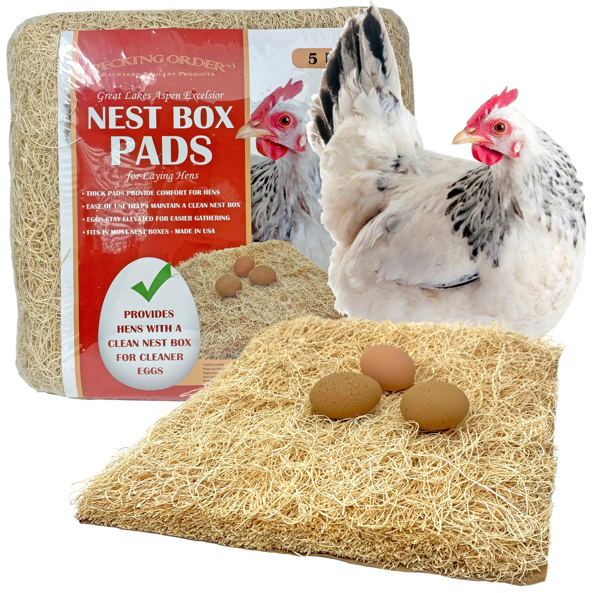 Nest Box Pads for Chicken Nesting Boxes - 13 x 13 Pads Made in USA from Sustainably Sourced Aspen Excelsior (5 Pack) Pecking Order