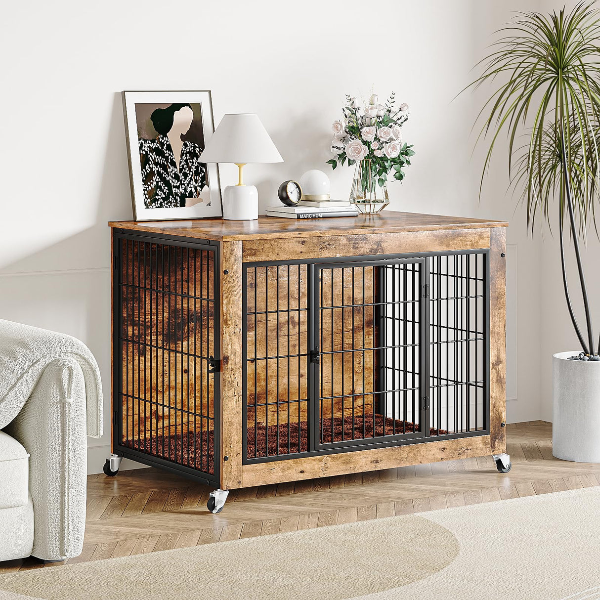 LEMBERI 38 Inch Dog Crate Furniture with Cushion, Double Doors Wooden Dog Kennel Indoor with Wheels, Pet House Decorative Side End Table for Large Medium Dogs, Rustic Brown LEMBERI