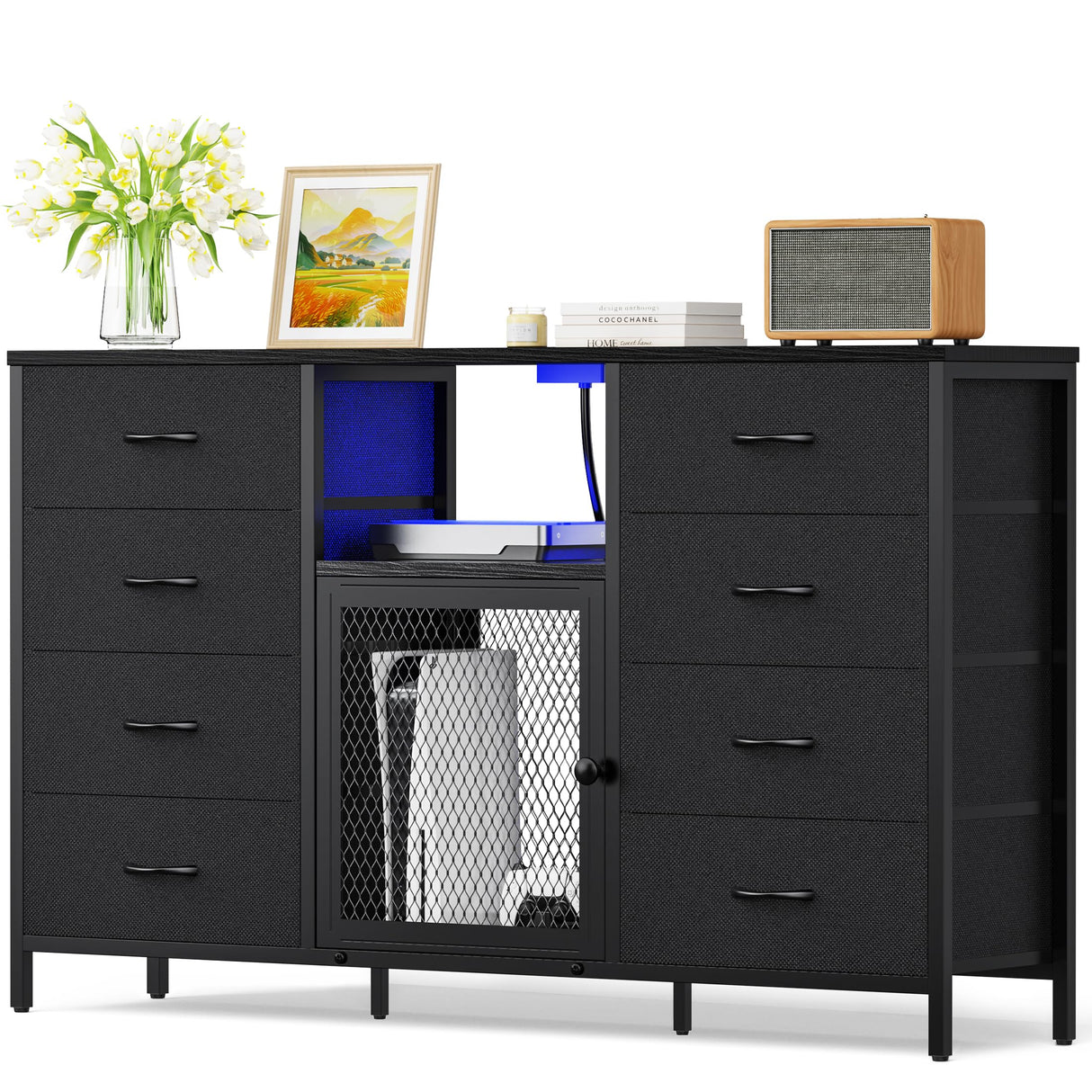 Decofy Dresser for Bedroom with LED Lights and Power Outlets, 8 Drawers TV Stand Dresser for 65 Inch TV, Fabric Chest of Drawers with Open Shelves, Black Dressers for Bedroom, Closet Decofy