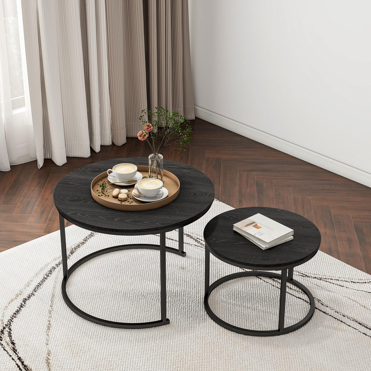 HOJINLINERO Round Coffee Table Set of 2 End Tables for Living Room,Black Coffee Table Nesting Tables,Living Room Table Wooden Accent Furniture Metal Frame,Sturdy Stacking Side Tables,Easy Assembly HOJINLINERO