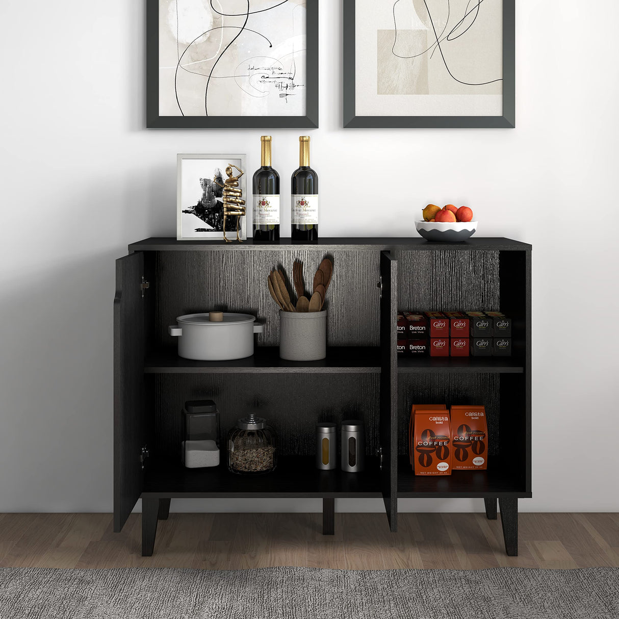 Panana Accent Sideboard Buffet Serving Cabinet with 2 Doors and Shelves Storage Cabinet White Coffee Bar Cabinet for Kitchen Dinning Room Living Room (41.81 inch, Black) Panana