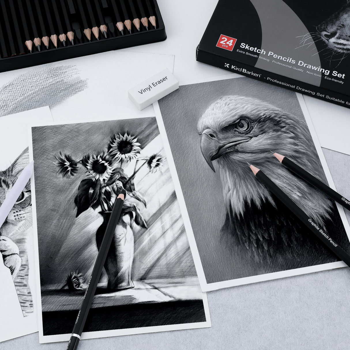 Kird Barken 24PCS Professional Sketch Pencil Set – 5H to 14B Pencils, Charcoal Pencils, Art Supplies Kit with Erasers, Sharpener, Knife – Ideal Gift for Artists, Students, Kids, Beginners Kird Barken