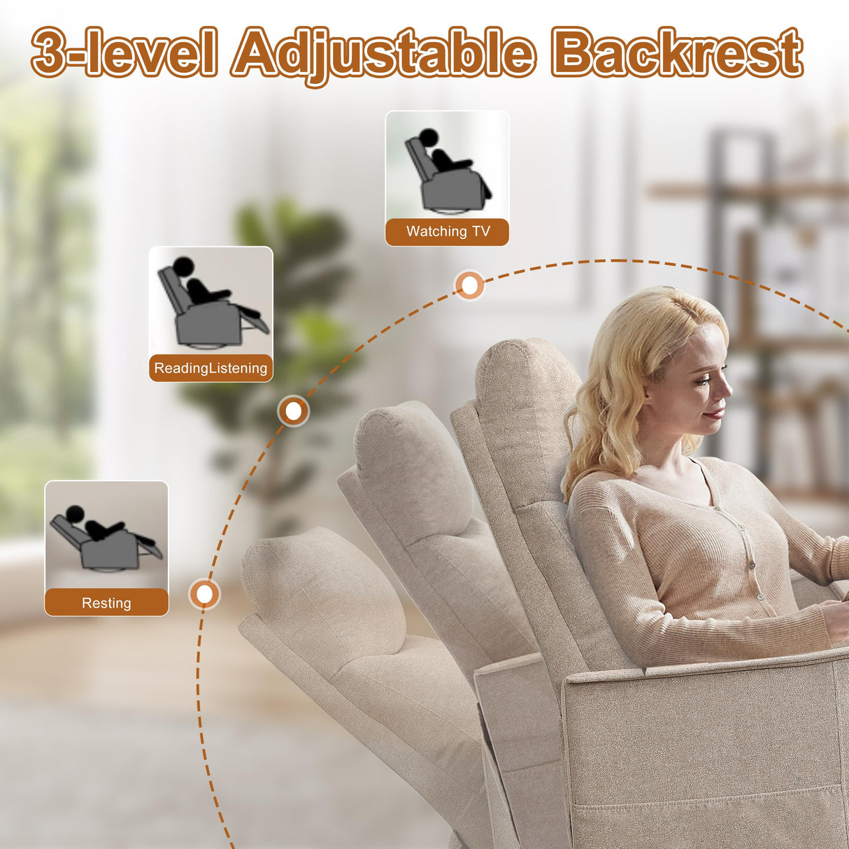 Manual 360° Swivel Rocker Recliner Chair for Adults, Overstuffed Glider Chair for Nursery with Vibration Massage and Heat, Comfy Soft Fabric Glider with Side Pockets for Living Room, Khaki Luxlen