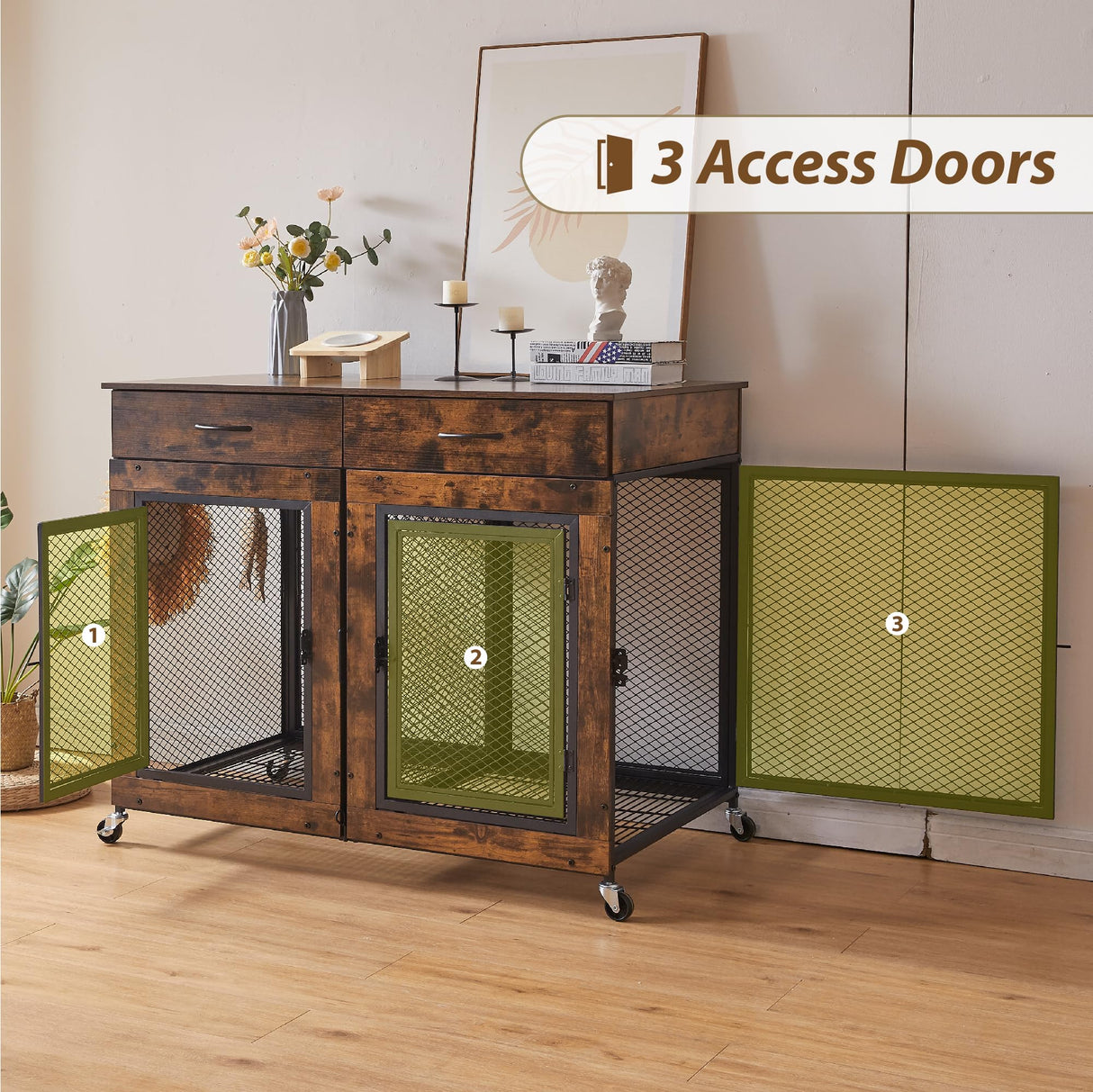 43" Large Dog Crate Furniture, Wood Dog Kennel End Table with Drawers, Decorative Pet Crate with Removable Partitions & Wheels, Dog House Indoor for Large/Medium/Small Dogs Sunnibety