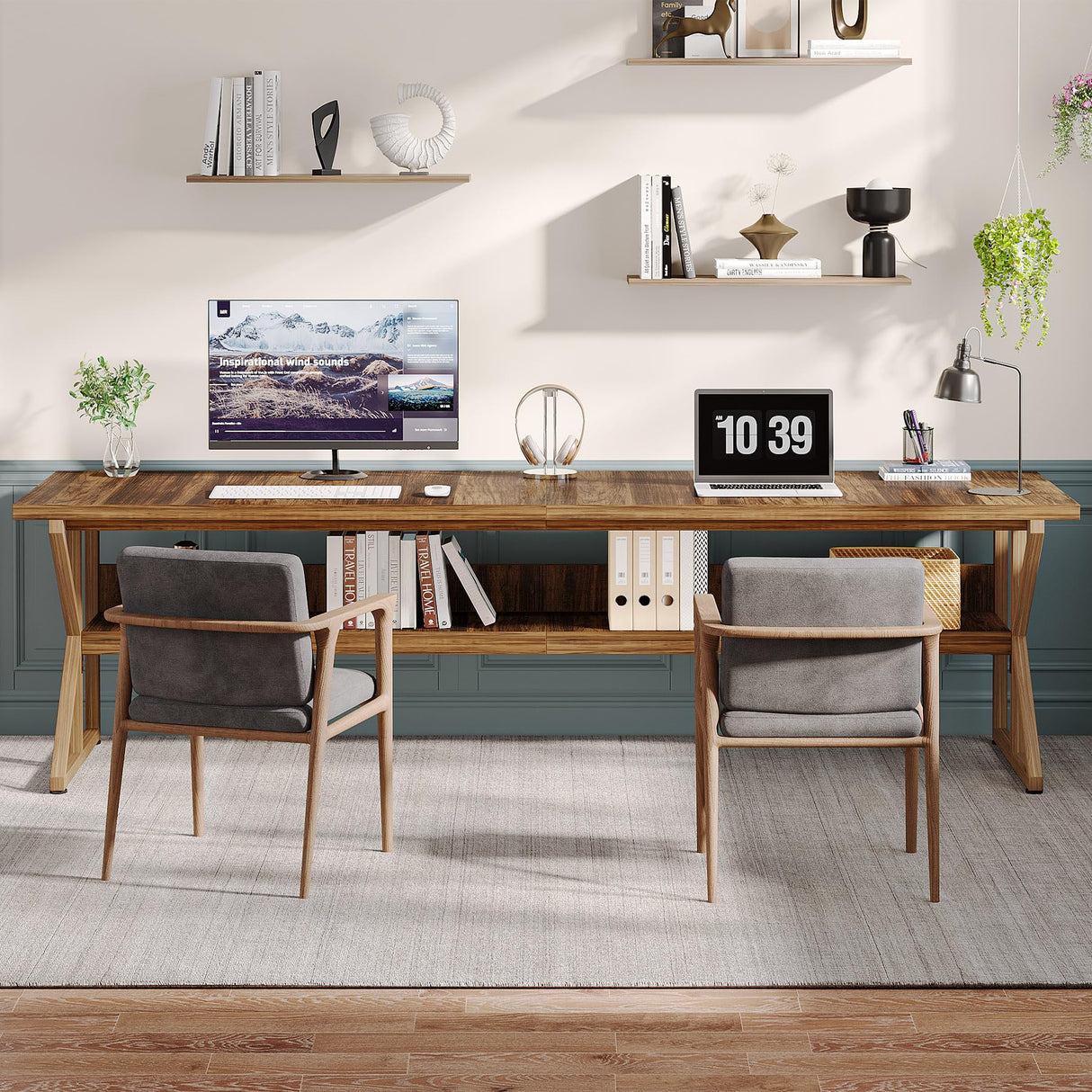 Tribesigns 79-Inch Extra Long Desk, 2 Person Desk with Storage Shelf, Large Computer Desk Double Desk Writing Table Desk for Home Office, Brown Tribesigns