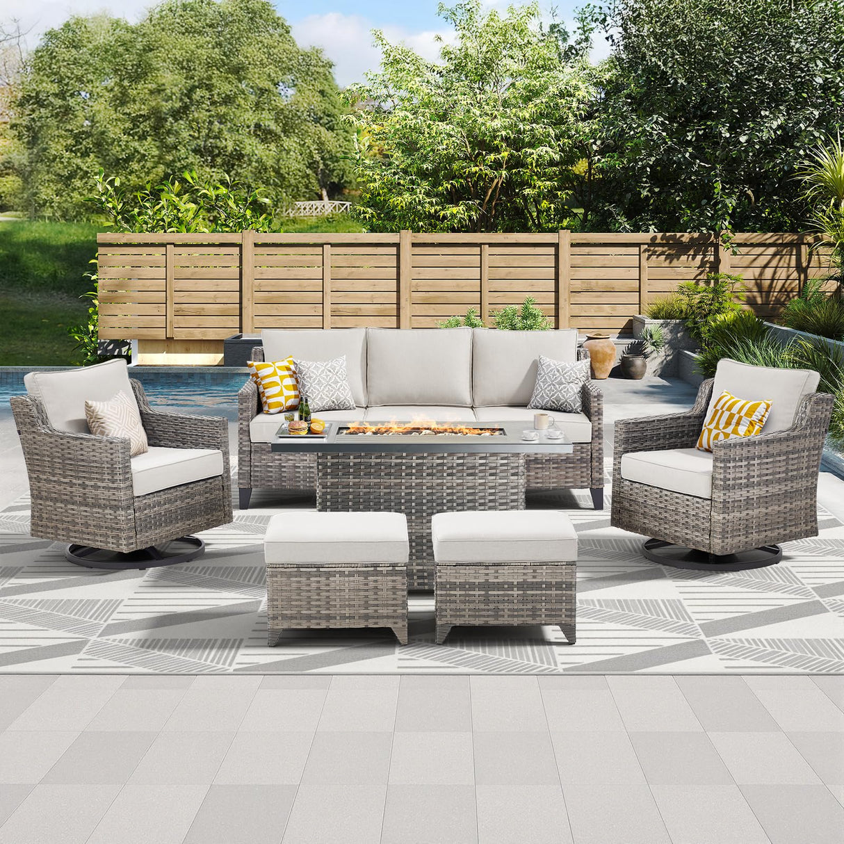 AMCLOBA Patio Furniture Set with 42.5" Fire Pit Table-6 Pieces All Weather Wicker Outdoor Furniture with High Back Swivel Patio Chairs Set of 2 Outdoor Couch for Deck Balcony Backyard Beige/Gray AMCLOBA