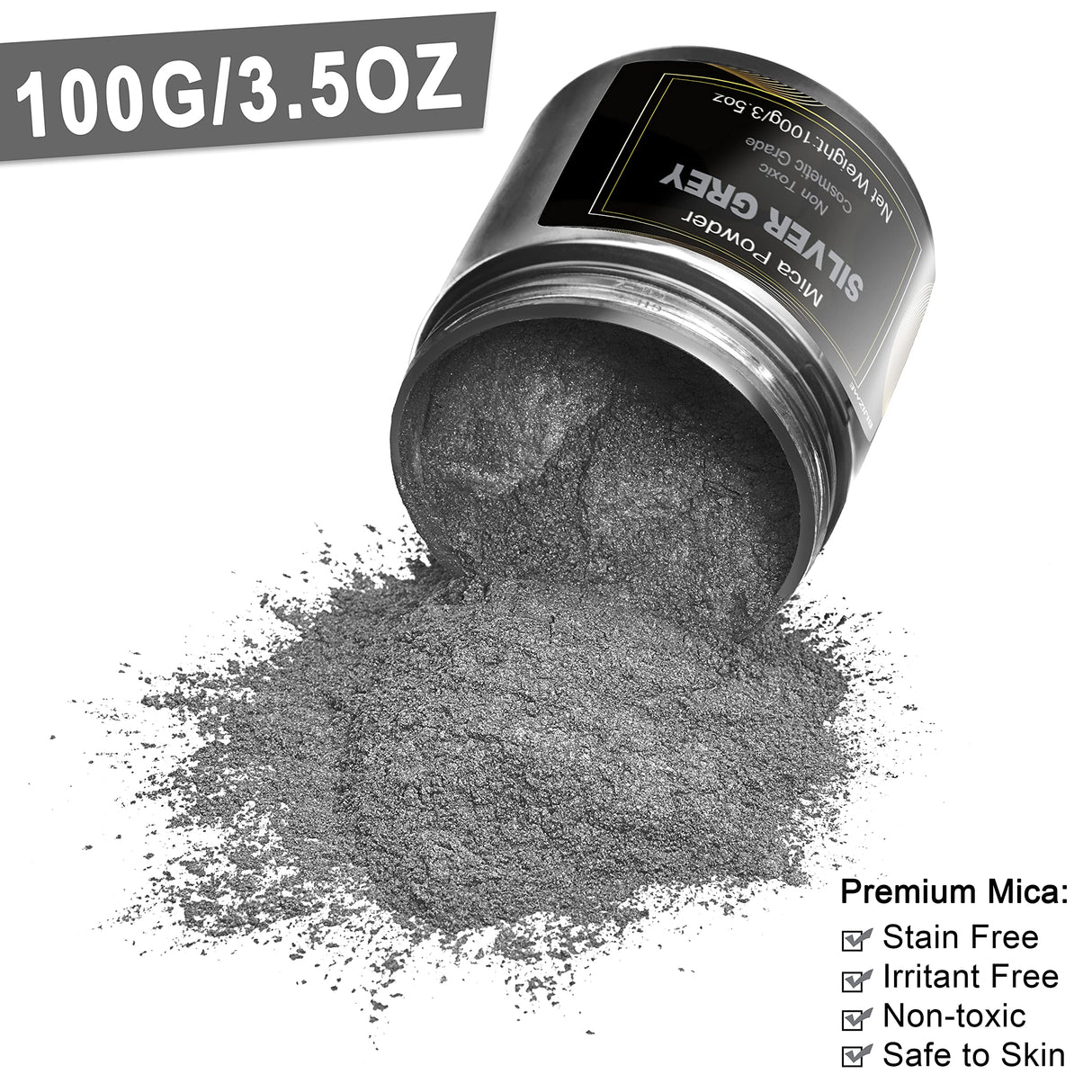 Silver Mica Powder Pigment (100g) -Cosmetic Grade Metallic Mica Powder for Epoxy Resin, Lip Gloss, Soap,Candle Making,Bath Bombs,Tumblers, Jewelry, Dyes, and DIY Crafting Projects(Silver Grey, 3.5oz) BIJIZME