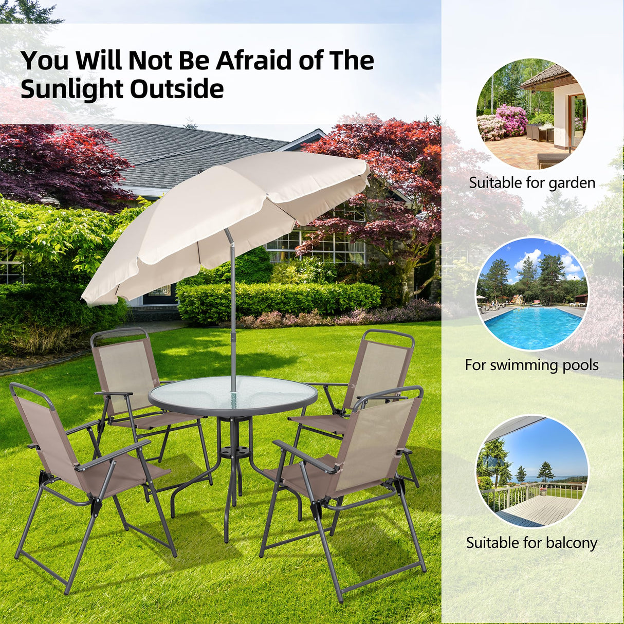 Vongrasig 6 Pieces Folding Patio Dining Set, All Weather Small Metal Outdoor Table and Chair Set, Garden Patio Furniture Set w/Umbrella, Glass Table & 4 Folding Chairs for Lawn, Backyard, Brown Vongrasig