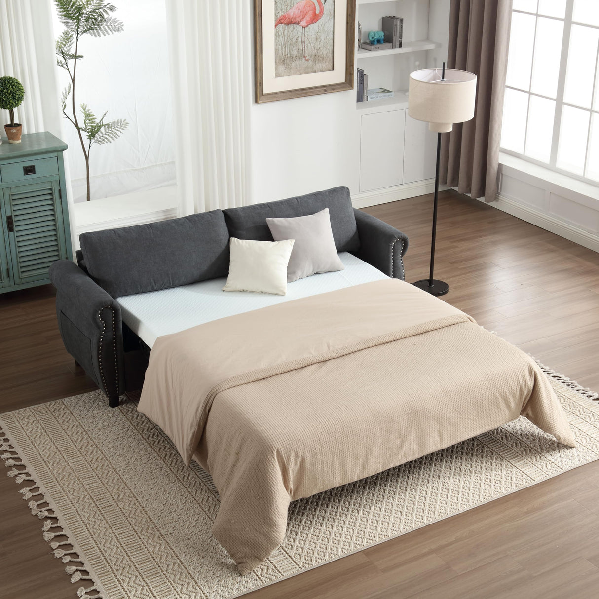 80.7" Pull Out Sofa Bed, 2-in-1 Velvet Queen Convertible Sleeper Couch with Memory Foam Mattress & Solid Wood Bed Frame, Large Pullout Couch Bed for Living Room, Apartment, Small Space,Dark Gray HANLIVES