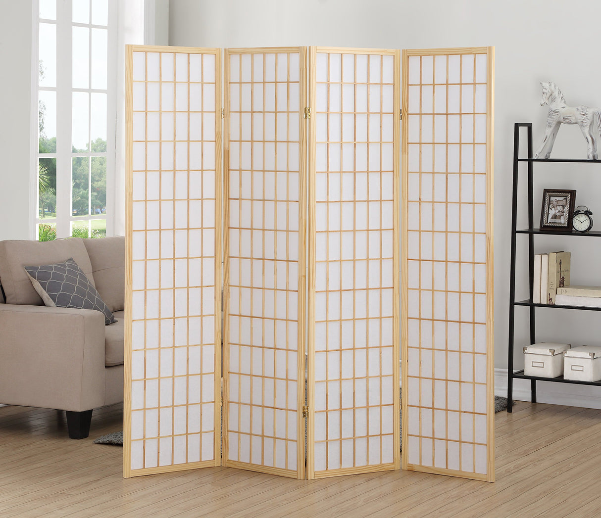 Roundhill Furniture Oriental Shoji 4 Panel Screen Room Divider, Natual Roundhill Furniture