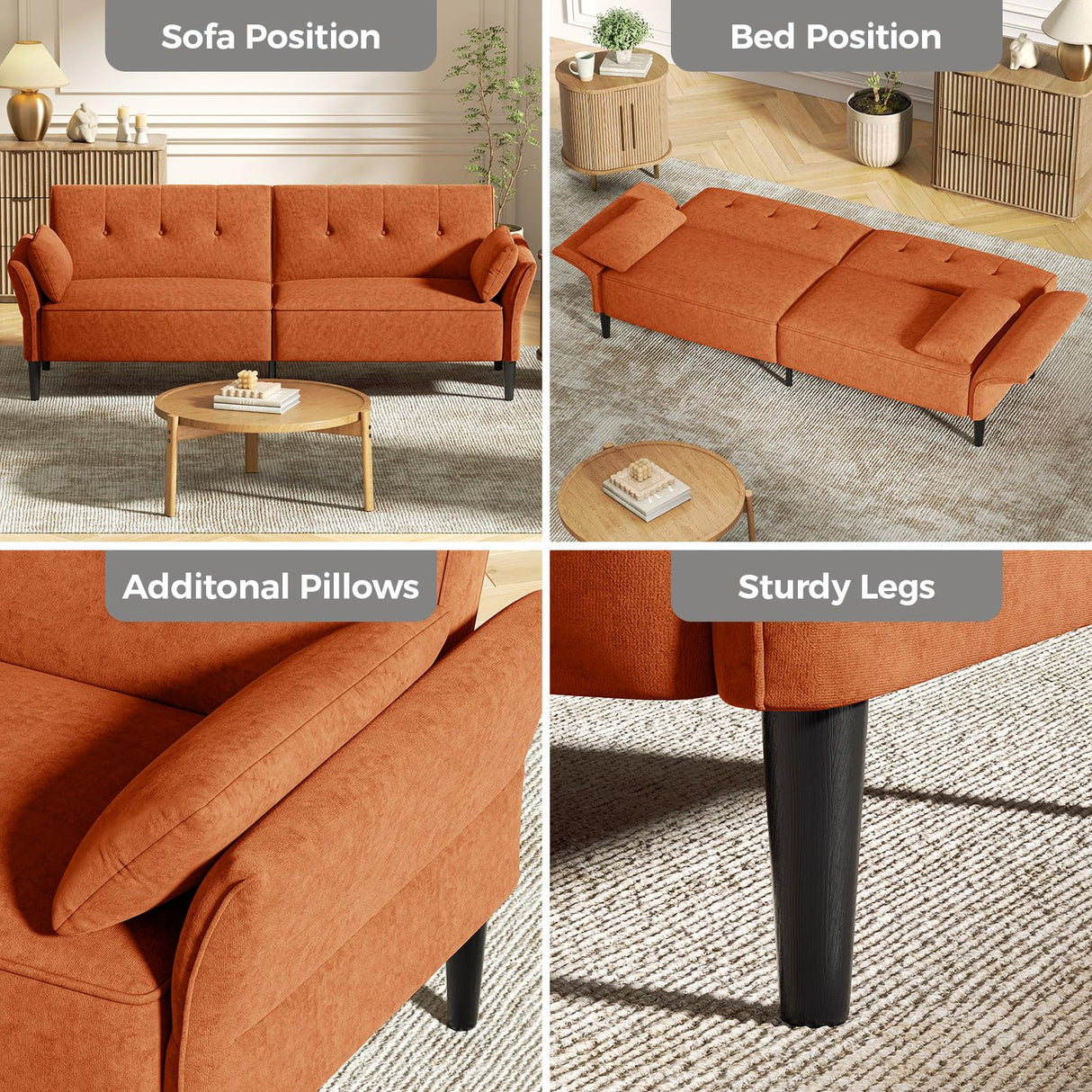 COPIAE 89” Futon Sofa Bed, Comfy Futon Couch Bed with 2 Square Pillows, Convertible Sleeper Sofa with Adjustable Backrest&Armrests, Modern Loveseat Sleeper for Living Room,Velvet Fabric,Burnt Orange COPIAE