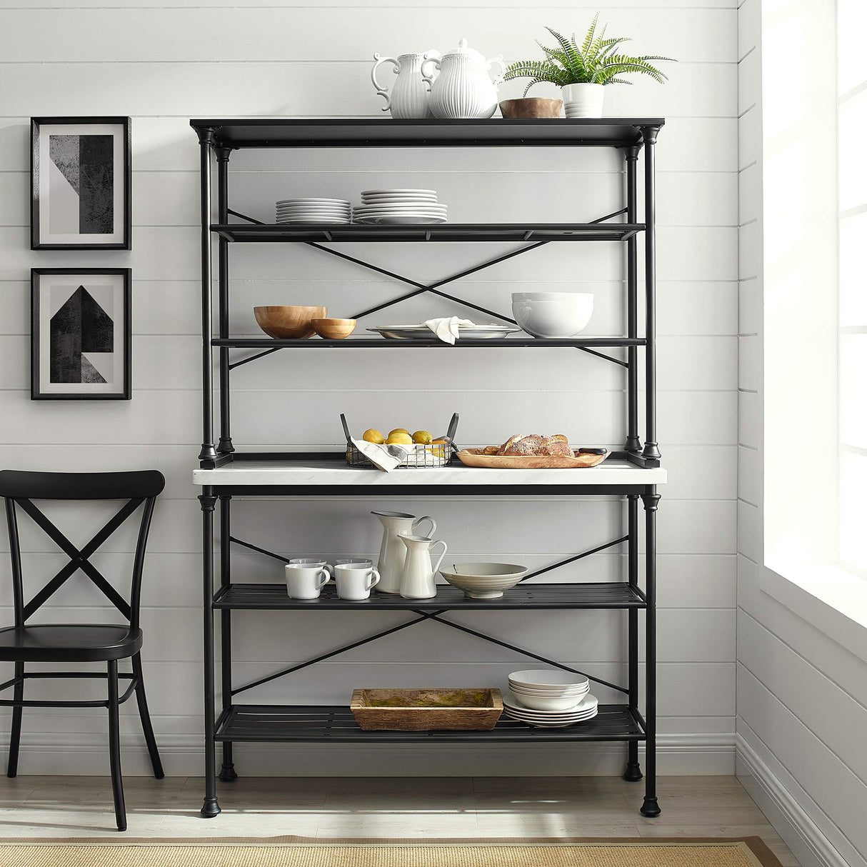Crosley Furniture Madeleine Baker's Rack with Shelves for Storage, Microwave Stand, Coffee Bar, Steel with Faux Marble Top Crosley Furniture