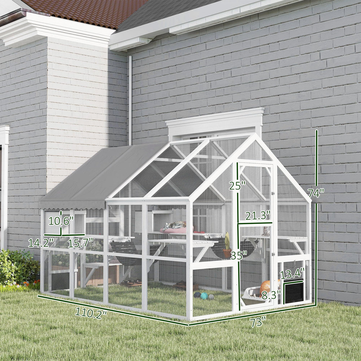 PawHut Large Catio Outdoor Cat Enclosure for Multiple Kittens, Wooden Cat House with Waterproof Cover, Walk in Kitty Cage Kennel with 2 Condos, 6 Platforms, Bridge, Doors, 110" x 73" x 74", White PawHut