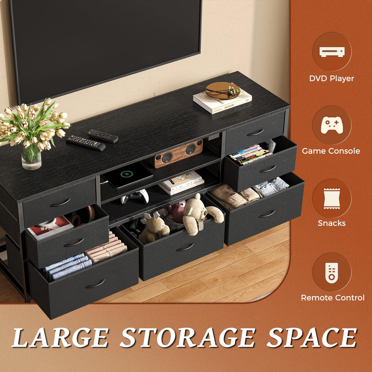 Huuger Dresser for Bedroom with Power Outlets and LED Lights, 7 Drawers TV Stand Dresser for 55 Inch TV, 47 Inches TV Console with Open Shelf, Wide Black Dresser, PU Leather, for Bedroom Huuger