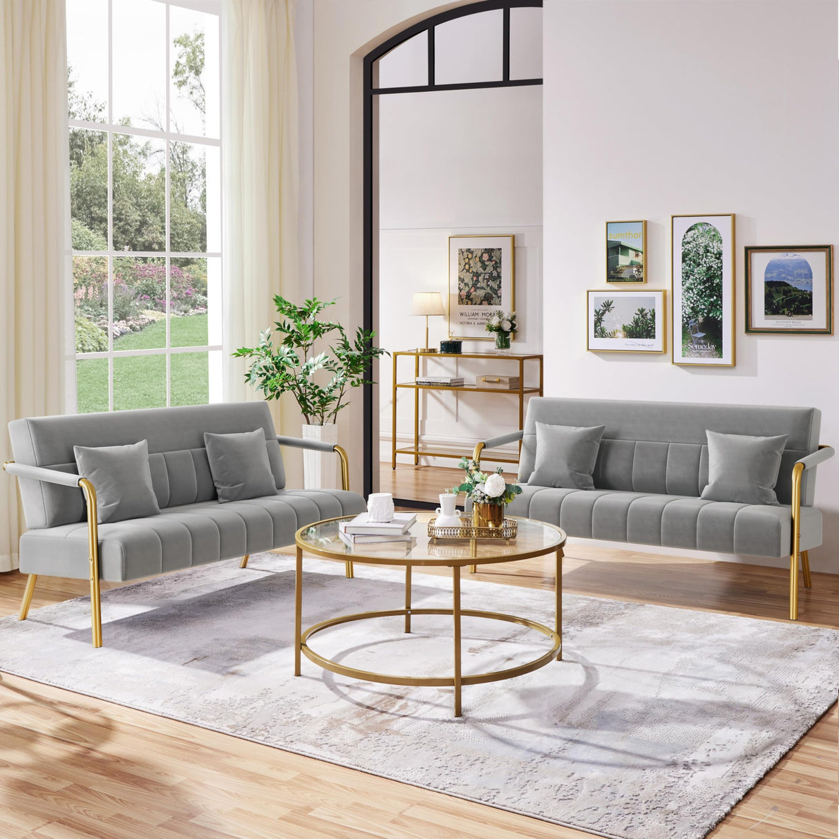Yaheetech 56.5" W Modern Loveseat 2 Seater Sofa Luxurious Velvet Fabric Couch with Gold-Tone Metal Arms and Legs for Living Room, Home Office, Studio Light Gray Yaheetech