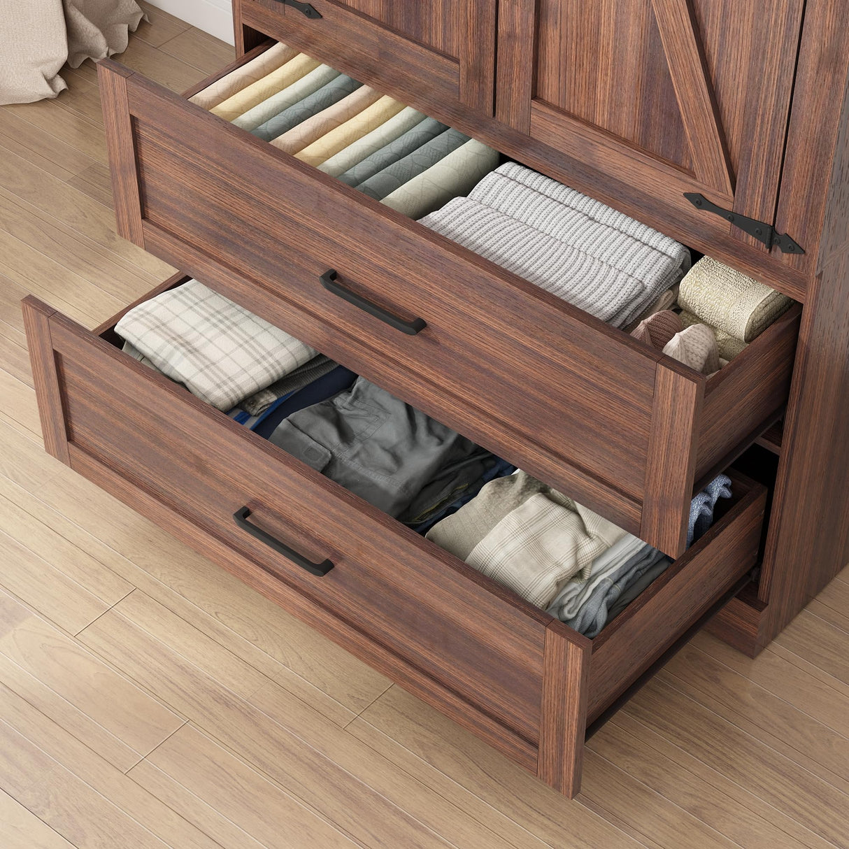 Hlivelood 2 Doors Wardrobe Armoire Closet with Doors and Drawers, Farmhouse Wooden Armoire Storage Cabinet with Shelves & Hanging Rod for Bedroom, Brown Hlivelood