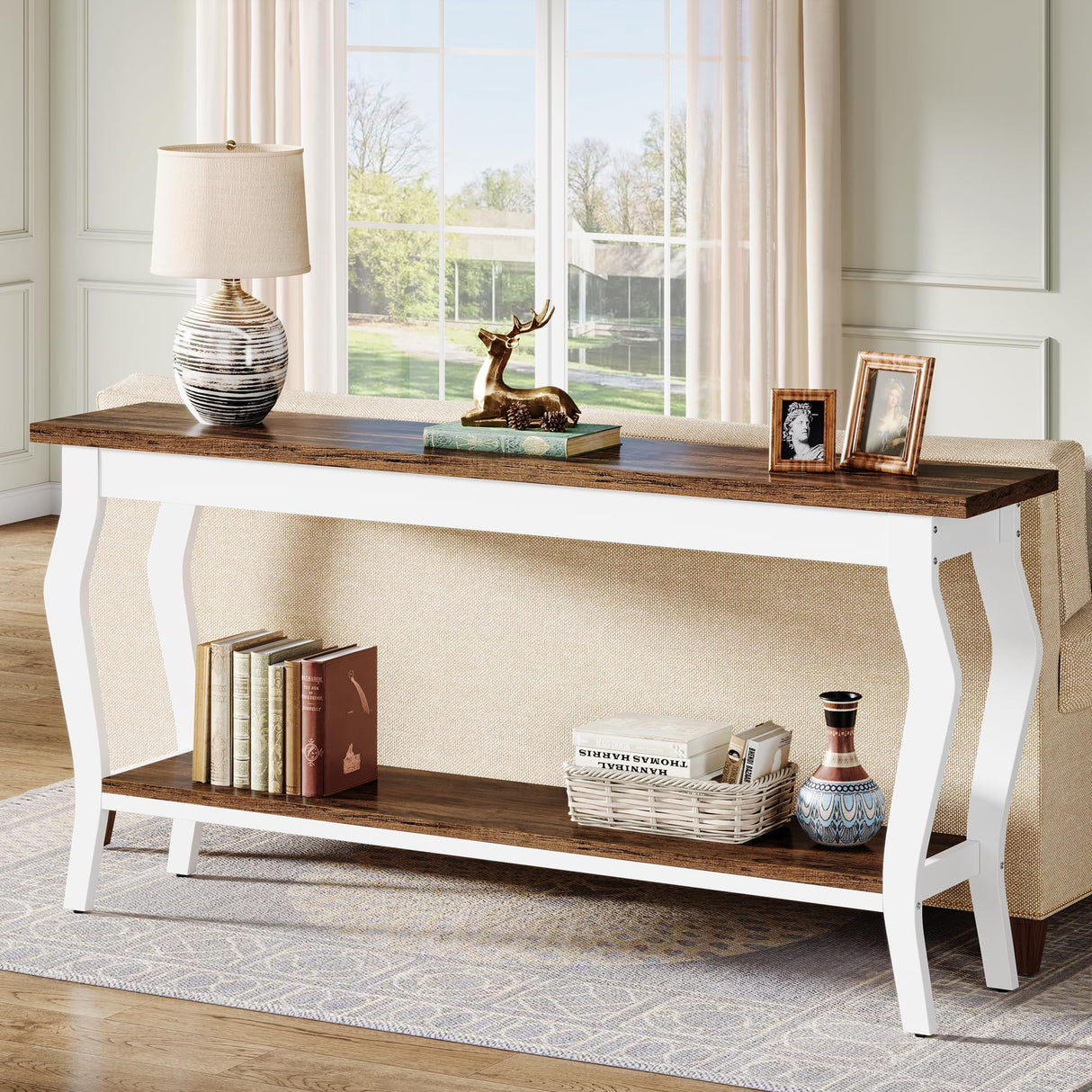 Tribesigns 70.9 Inches Extra Long Sofa Table Behind Couch, Vintage Console Entry Table with 2-Tier Storage for Hallway, Entryway, Living Room, White & Brown Tribesigns