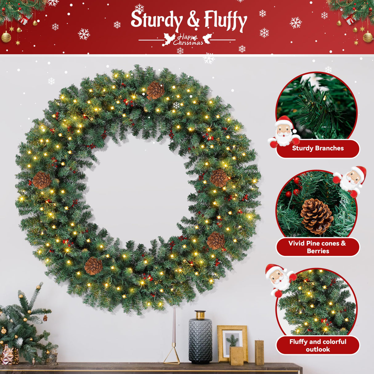 Prelit Christmas Wreath 48 Inches Large Outdoor Christmas Wreath 162 Warm White LED Lights, Artificial Lighted Christmas Wreath Winter Wreath with 460 PVC Tips Vivid Pine Cones and Berry Clusters Abbrevi