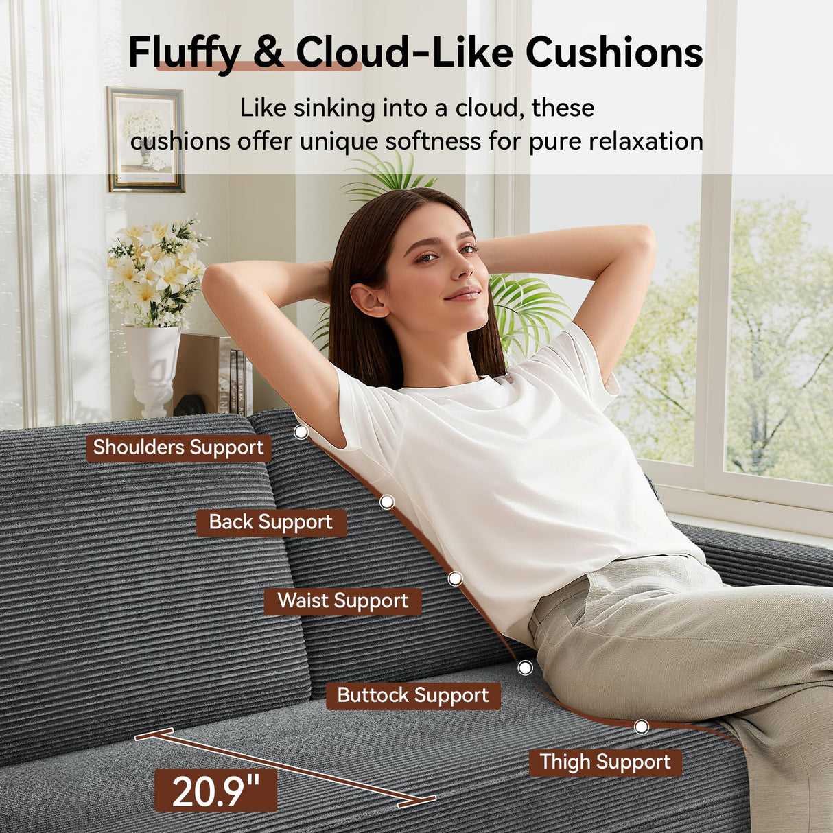 Vipbear 65.4" Loveseat Sofa Grey Corduroy Couch, Mid-Century Modern Small Couches for Living Room, Bedroom, Office, Comfy Sofa with Spring Cushion, Solid Wood Frame, Tool-Free Assembly Vipbear