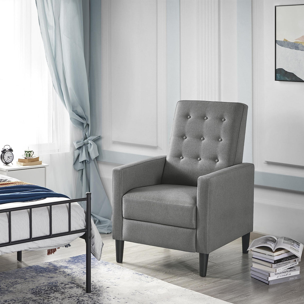 Yaheetech Fabric Recliner Chair Mid-Century Modern Recliner Adjustable Single Recliner Sofa with Thicker Seat Cushion Tufted Upholstered Sofa with Pocket Spring for Living Room Bedroom Gray Yaheetech