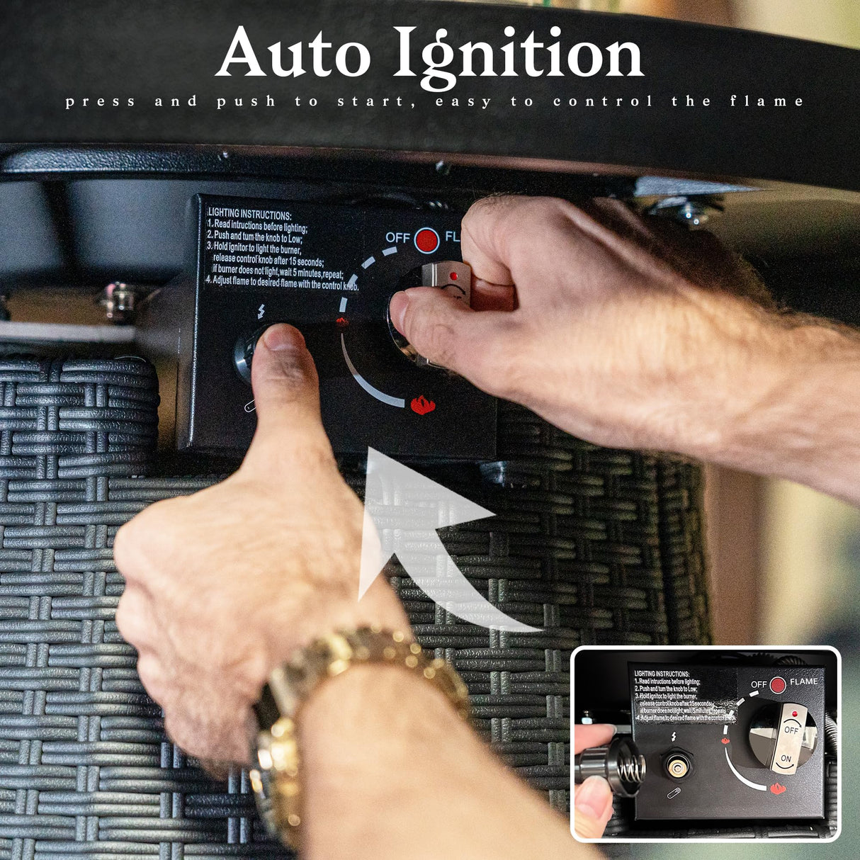 PIZZELLO 5-Piece Patio Swivel Bar Set with 37" Height Propane Round Firepit Table and High Swivel Stools Chair Set of 4, Outdoor High Top Bistro Set for Poolside, Garden, Balcony(Black) PIZZELLO