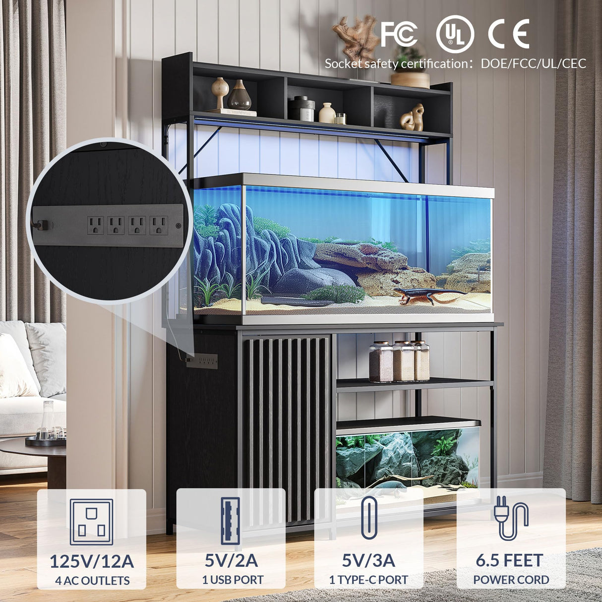 BELLEZE Aquarium Stand with LED Lights 55-90 Gallon, Fish Tank Stand with Heavy Duty Metal Fluted Storage Cabinet and Power Outlets, 1200 LBS Capacity,Fish Turtle Tank Compatible, Black Ebony BELLEZE