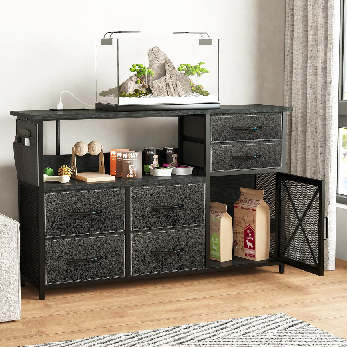 SZLHANJZ Dresser for Bedroom with LED Lights, TV Stand with Charging Station for 50 inch TV, 6 Drawers Chest with Door and Side Storage, Long Metal Dresser Table for Living Room, Black SZLHANJZ