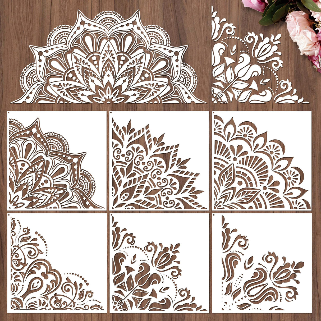 Sitsink Mandala Stencils for Painting Reusable - 6 Pcs Rangoli Damask Stencils for Craft, Large Mandala Templates Wall Stencil for Painting on Wood Rock Canvas Sitsink