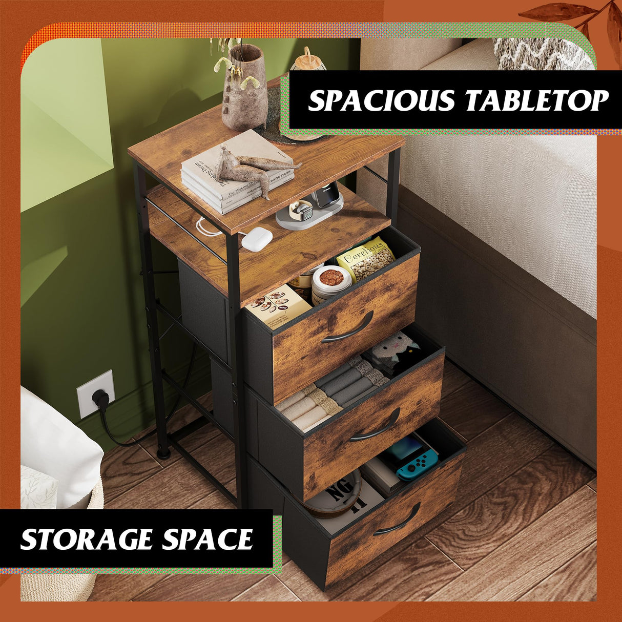 WLIVE Nightstand with Charging Station, LED Night Stand with 3 Fabric Drawers and Storage Shelf, 31.93" H Bedside Table with USB Ports and Outlets for Bedroom, Rustic Brown WLIVE