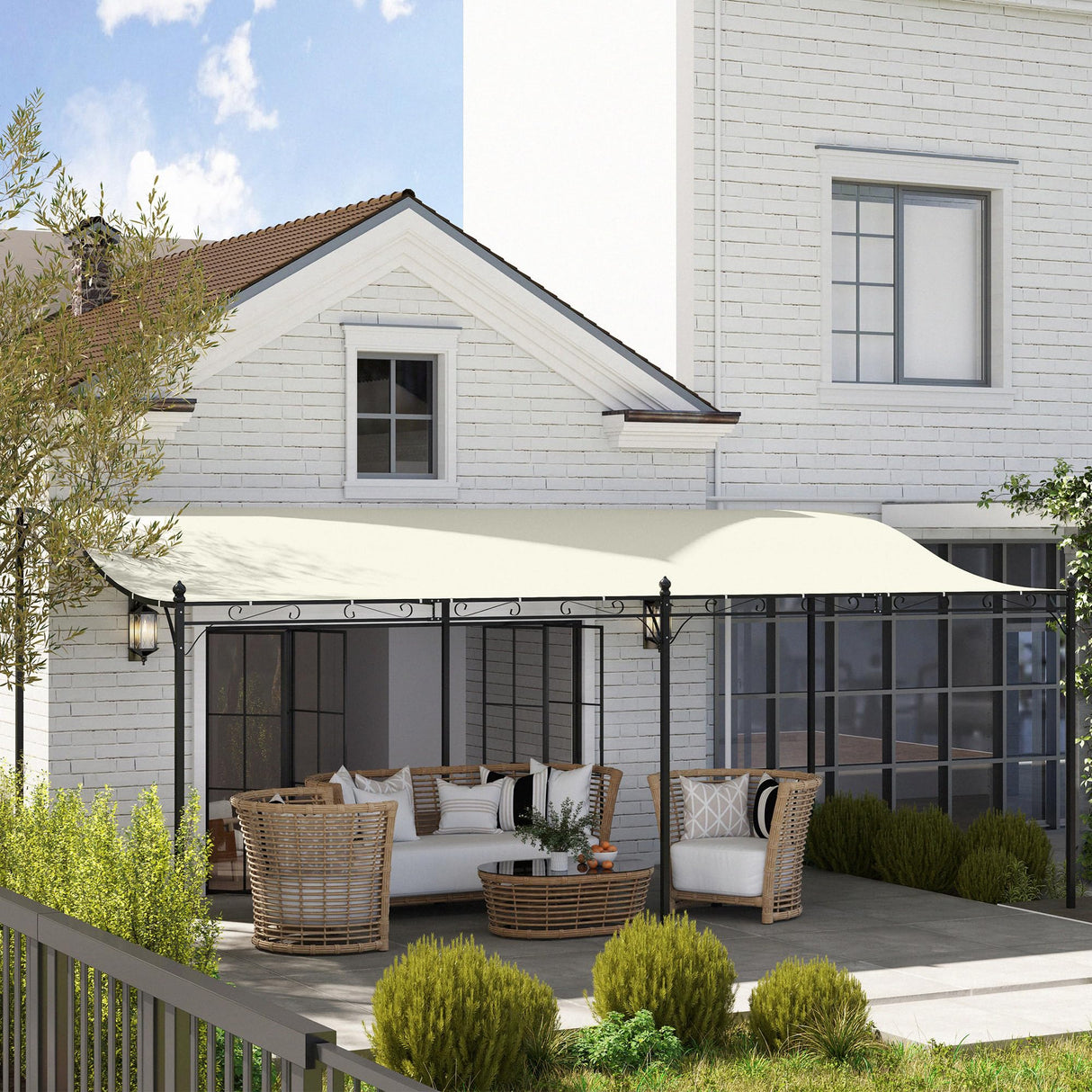 Outsunny 10' x 20' Outdoor Pergola Canopy, Wall-Mounted Metal Patio Canopy with Weather-Resistant Fabric and Drainage Holes for Backyard Garden Porch Beach, Cream White Outsunny