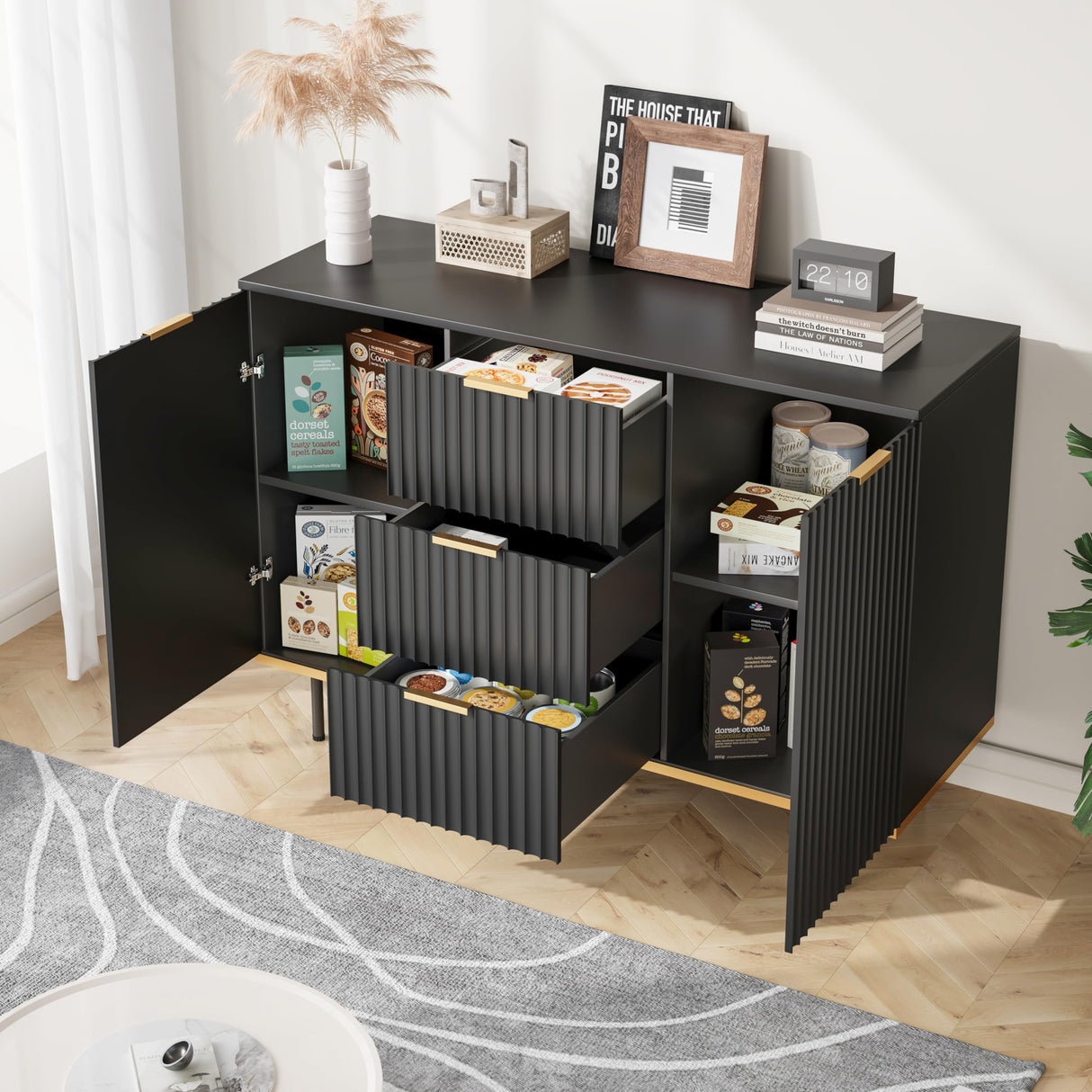Buffets & Sideboards, Fluted Sideboard Cabinet, 2 Door 3 Drawer Design, Acceent Black Sideboard - Elegant Cabinet Ideal for Dining Room and Kitchen Storage 47.2 inch Svimi