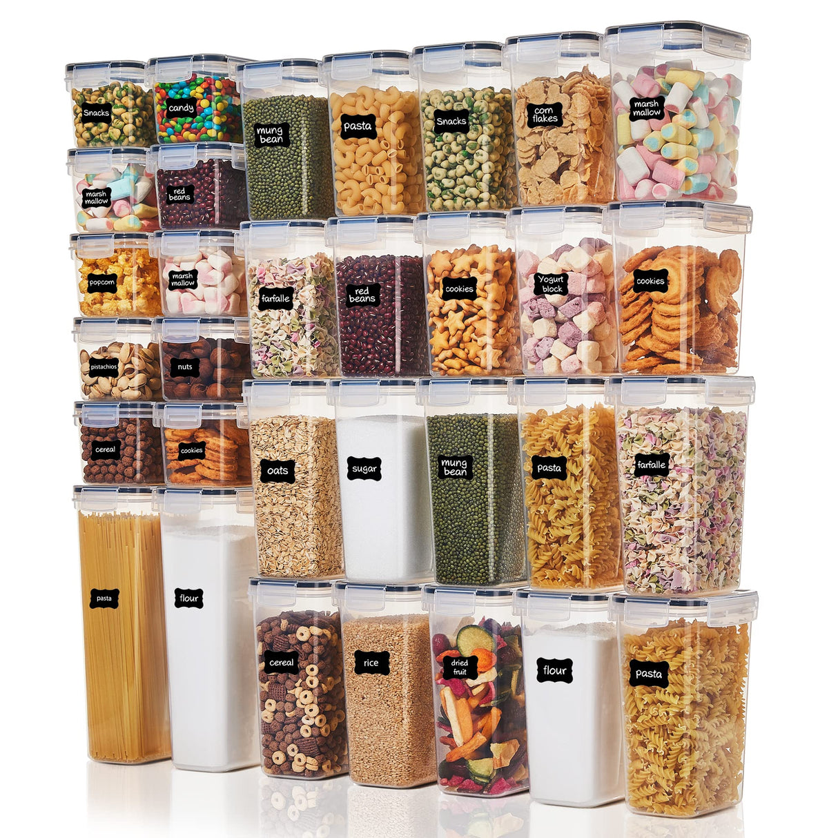 Vtopmart 32pcs Airtight Food Storage Containers Set, BPA Free Plastic Kitchen and Pantry Organization Canisters with Lids for Cereal, Dry Food, Flour and Sugar, Includes 32 Labels Vtopmart