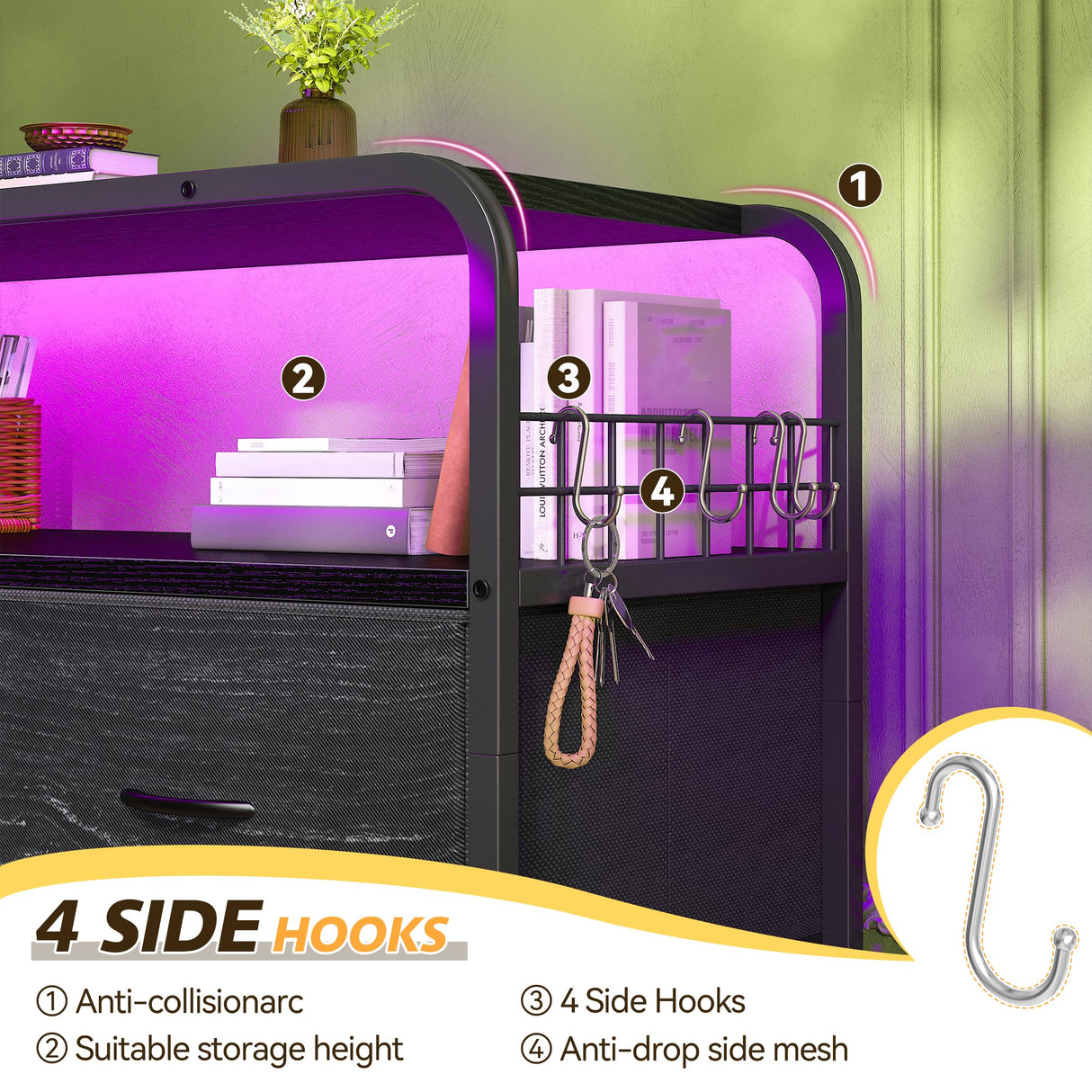 EnHomee Dresser for Bedroom, Black Dresser for Bedroom with 7 Drawers, Bedroom Dresser with LED Lights & Charging Station, Fabric Dressers & Chest of Drawers for Closet, TV Stand for 45" TV, 4 Hooks EnHomee