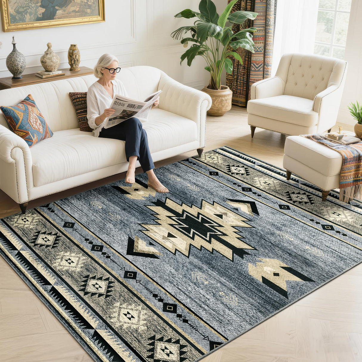 B BENRON Western Rugs for Living Room, Non Slip Rustic Rug for Bedroom Dining Table Kitchen, Washable Aesthetic Area Rugs for Home Decor, 5ft x 7ft, Grey B BENRON
