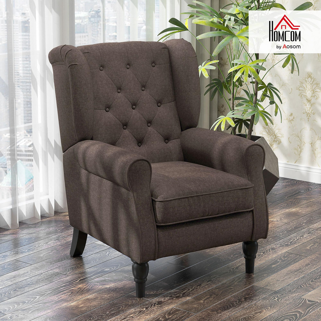 HOMCOM Mid-Century Modern Accent Chair, High Wingback Chair, Button-Tufted Upholstered Fabric Armchair with Retro Wood Legs for Living Room, Bedroom, Dark Brown HOMCOM