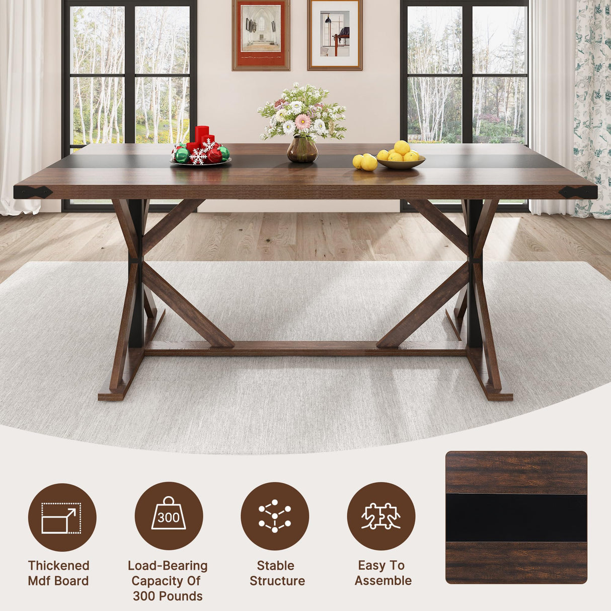 Hlivelood 71 Inch Dining Table for 6 People, Rectangular Kitchen Farmhouse Table W/Thickness Waterproof Wood Tabletop,Long Dining Room Tables W/Wood Strip Base for Kitchen Living Room(BR) Hlivelood