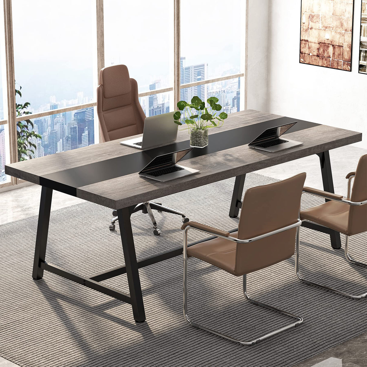 Tribesigns 6FT Rectangle Conference Table, 70.87L x 33.46W x 29.92H Inches Meeting Table for Conference Room, Vintage Wood Office Executive Desk with Strong Metal Frame for 6 People (Grey) Tribesigns