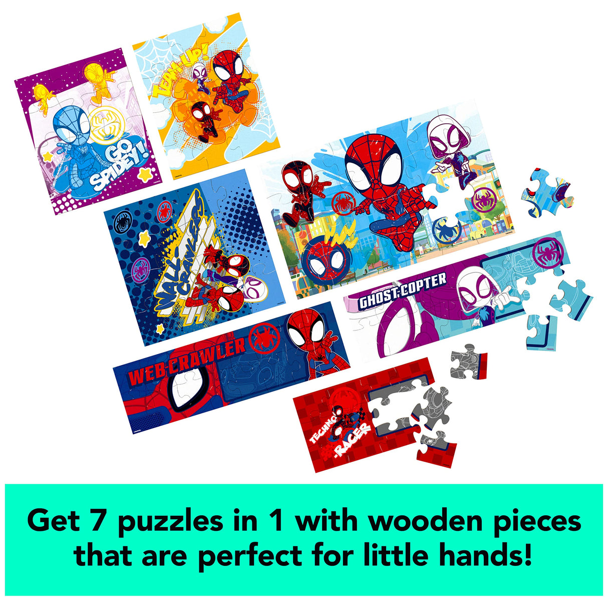 Marvel Spidey and his Amazing Friends 7 Wood Jigsaw Puzzles with Sliding Wood Storage Box- Spidey and his Amazing Friends Toys for Kids Ages 4+ Spin Master Games