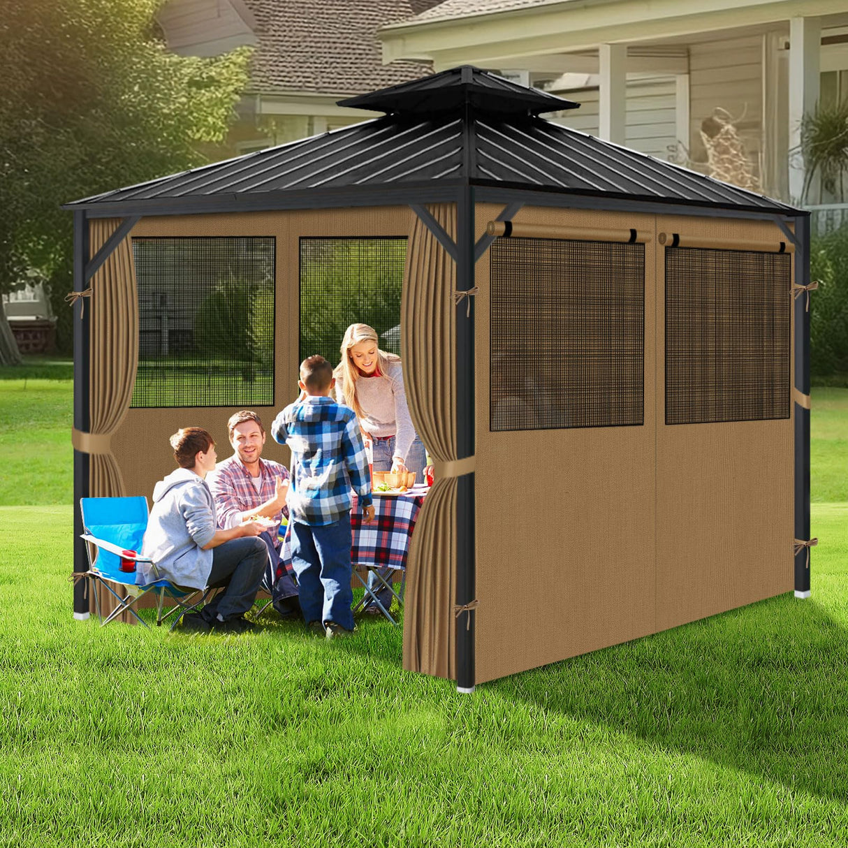 Gazebo Privacy Curtain 10'x10', Replacement Curtains with Mosquito Net Windows, 4-Panels Side Wall, Zippers, Waterproof Outdoor Curtains for Patio, Canopy, Garden and Backyard, Khaki (Curtain Only) Bstge