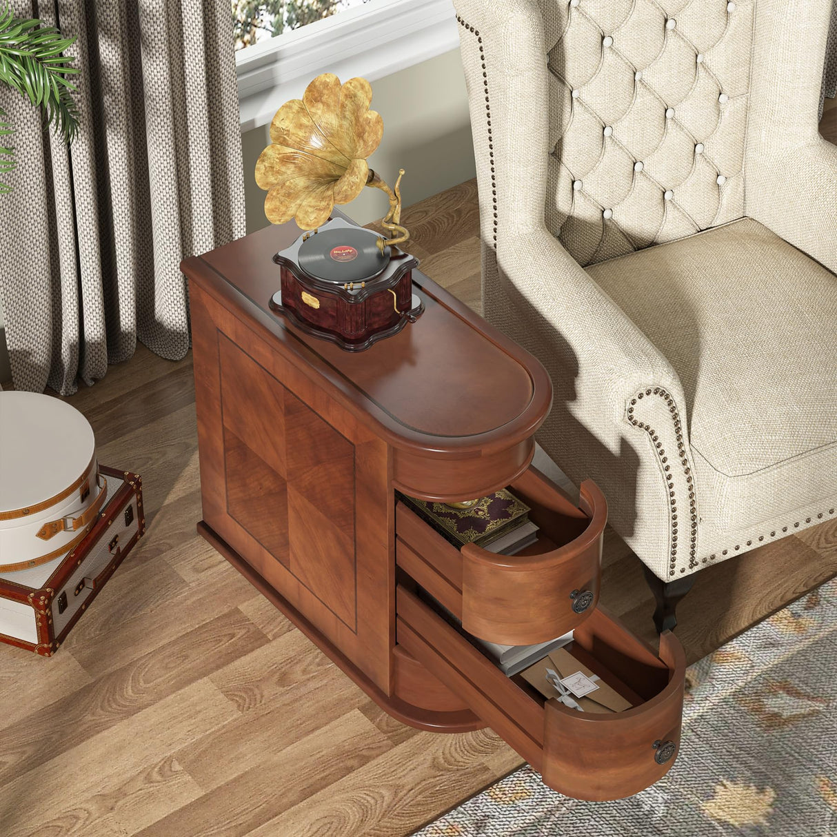 Tribesigns Wood End Table Set of 2, Narrow Solid Side Table 2-Drawer Slim Chair Side Table, No Assembly Required, Finished Back, Walnut Tribesigns