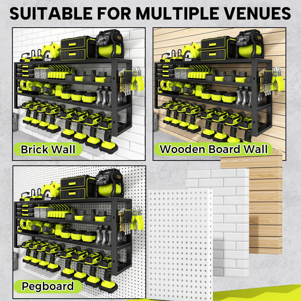 Large Power Tool Organizer Wall Mount with Charging Station, 8 Outlet Power Strip, 4 Layers 8 Drill Holder Heavy Duty Metal Tool Storage Loads 420lbs with Screwdriver Holder, Utility Racks for Garage CFMASTER