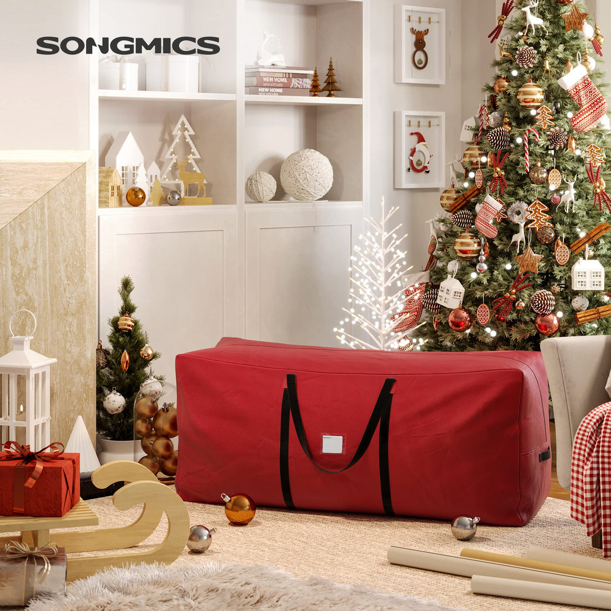 SONGMICS Christmas Tree Storage Bag, Tree Storage Container, up to 7.5 ft, Tree Holder Bag, Wear-Resistant 600D Oxford Fabric, Lightweight, Thick Handles, Red URXS003R03 SONGMICS