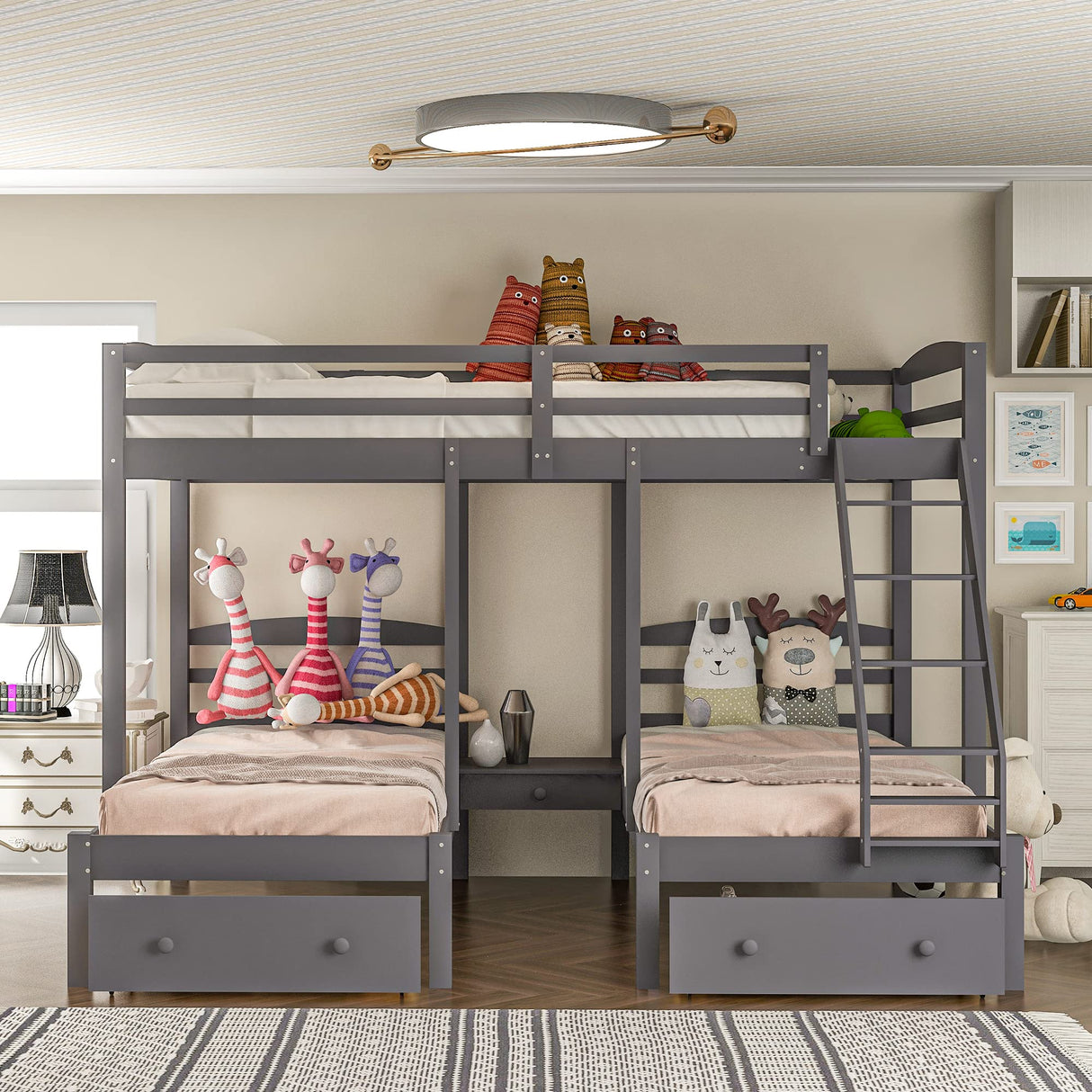 Wood Triple Bunk Beds with Storage Drawers, Full Over Twin & Twin Bunk Bed for 3, Multifunctional Bunk Bed Frame for Kids Teens Adults No Box Spring Needed (Gray) Bellemave
