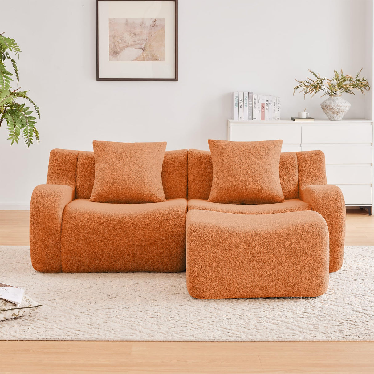 KEIKI 83" L-Shaped Teddy Modular Sectional Loveseat Sofa with 1 Ottoman & High-Density Foam Cushions & Curved Armrest & 2 Pillows, Streamlined Design Boneless 2-Seater Couch, for Living Room, Orange KEIKI