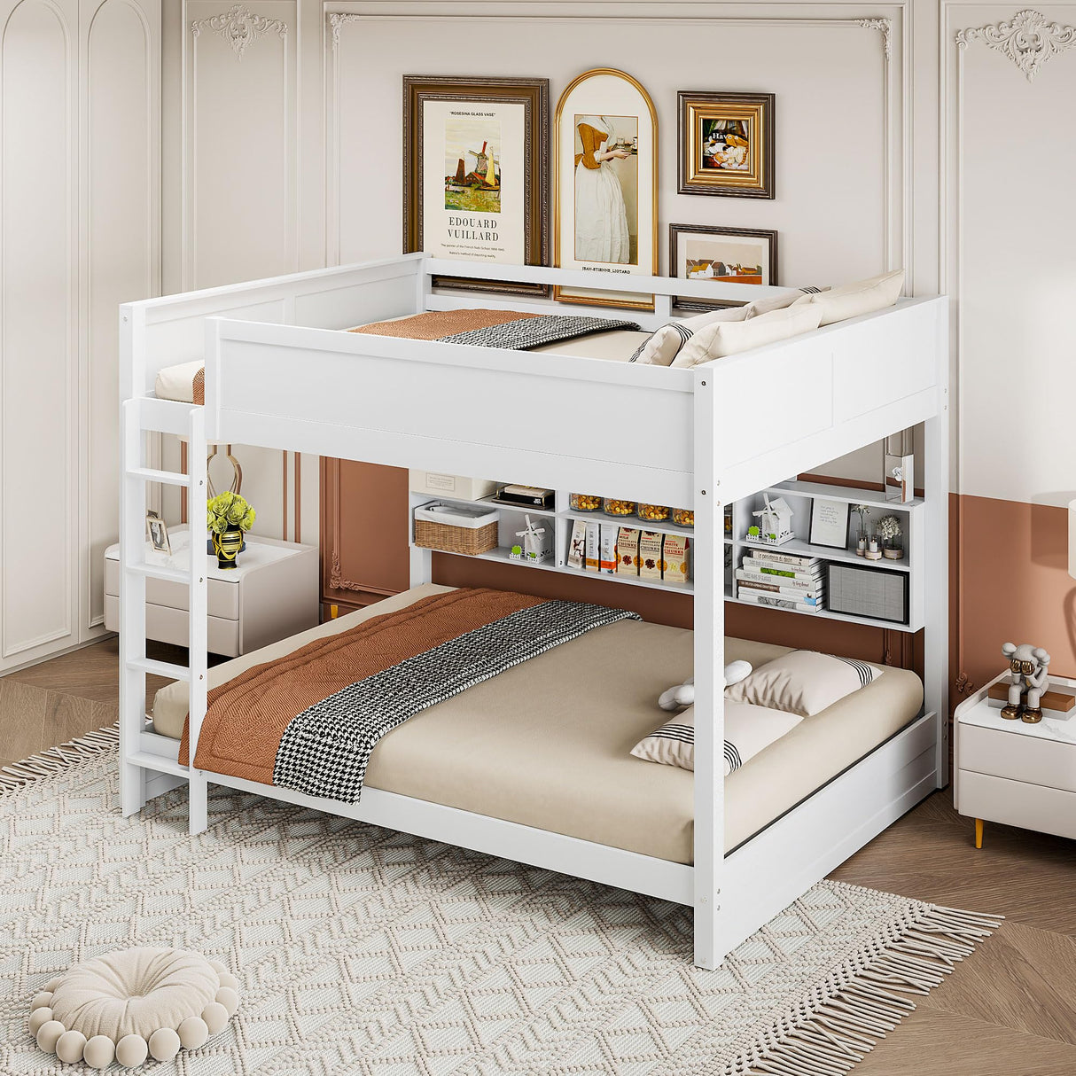 SOFTSEA Queen Over Queen Bunk Bed with Storage, Modern Queen Size Bunk Beds with Storage Bookcase and USB Ports for Kids Teens Adults, Wood Bunk Bed with Guardrail and Ladder, White SOFTSEA